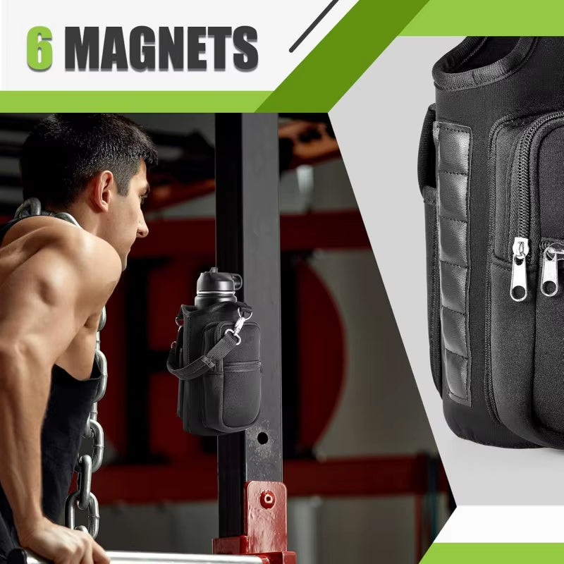 Magnetic Water Bottle Carrier with Phone Pocket and Adjustable Shoulder Strap - Equipped with 6 Integrated Magnets