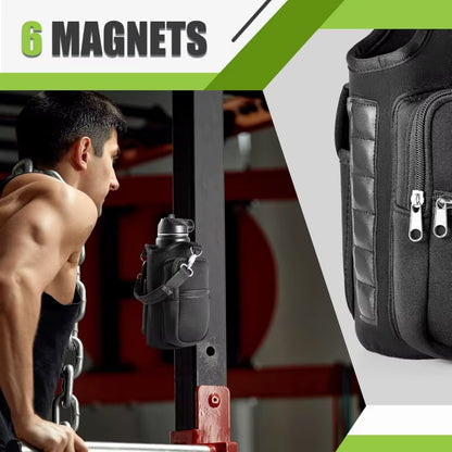 Magnetic Water Bottle Carrier with Phone Pocket and Adjustable Shoulder Strap - Equipped with 6 Integrated Magnets