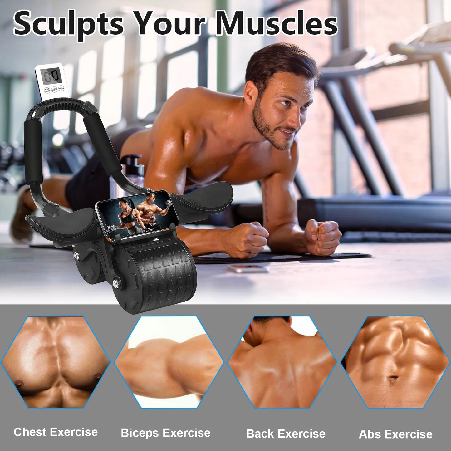 2025 Automatic Rebound Abdominal Roller with Timer and Elbow Support - Core Fitness Equipment in Black
