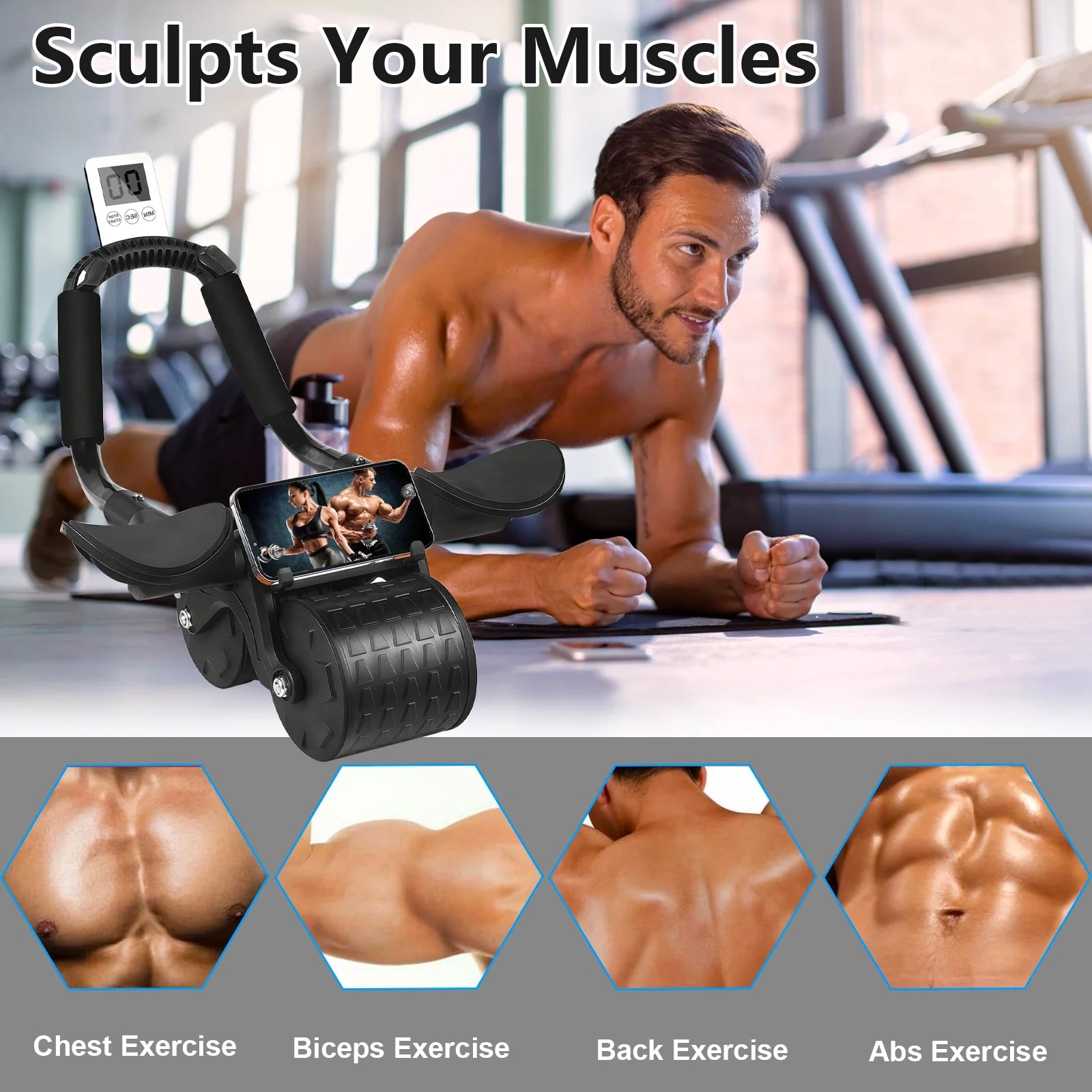 2025 Automatic Rebound Abdominal Roller with Timer and Elbow Support - Core Fitness Equipment in Black