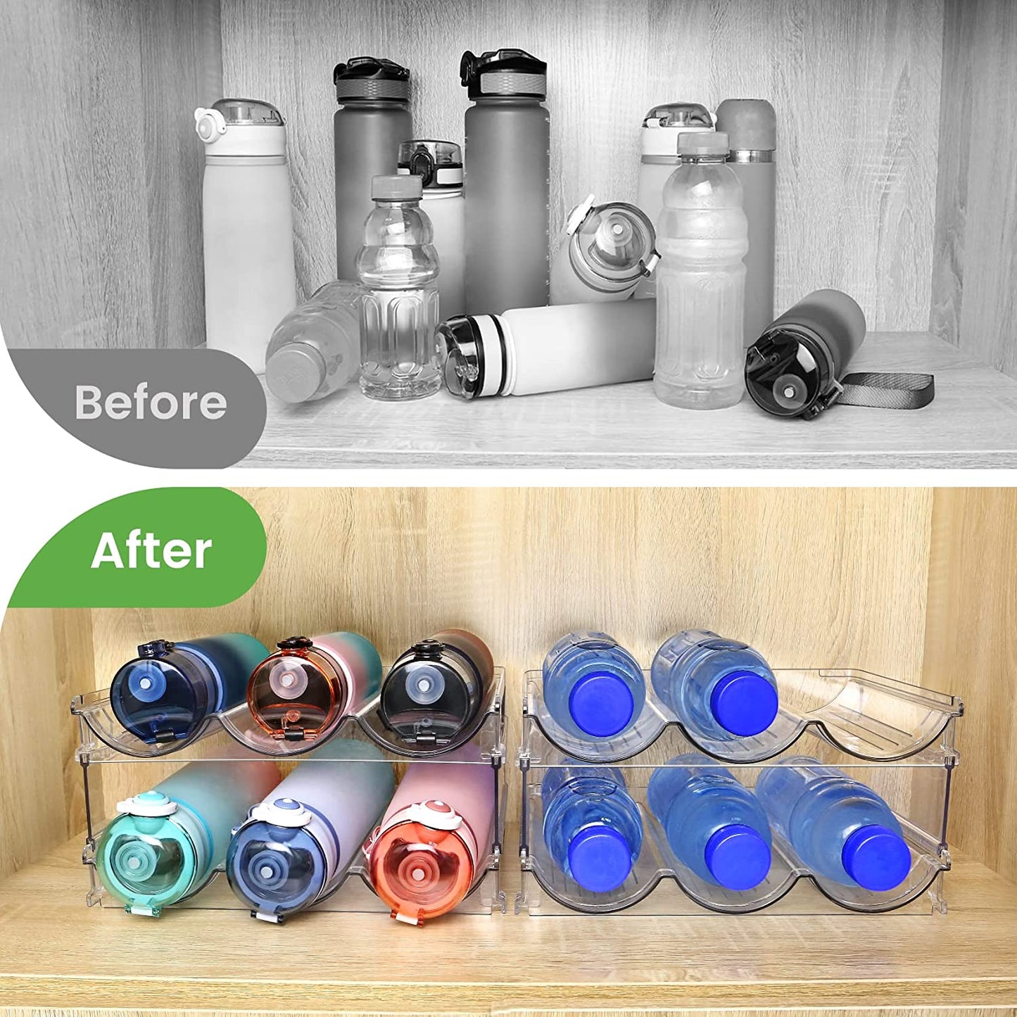 Water Bottle Storage Organizer Set - Dual Pack Stackable Cabinet Rack