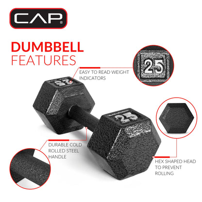 100 lb Cast Iron Hex Dumbbell Weight Set with Storage Rack in Black Finish