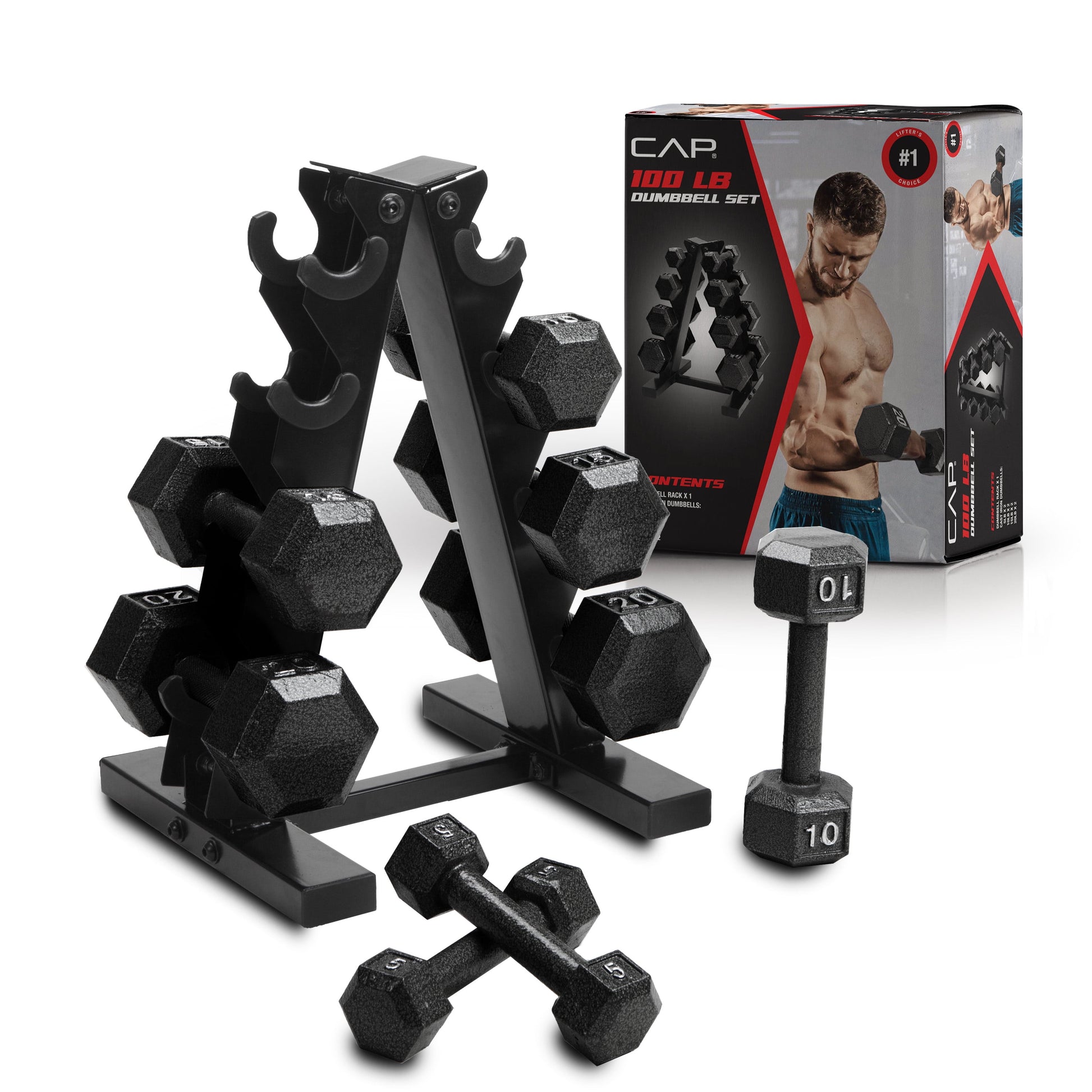 100 lb Cast Iron Hex Dumbbell Weight Set with Storage Rack in Black Finish