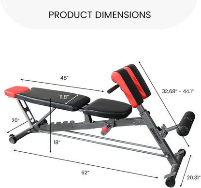 Finer Form Multi-Functional FID Weight Bench for Comprehensive Full-Body Workouts – Hyper Back Extension, Roman Chair, Adjustable Ab Sit-Up Bench, Incline/Decline Bench, Flat Bench