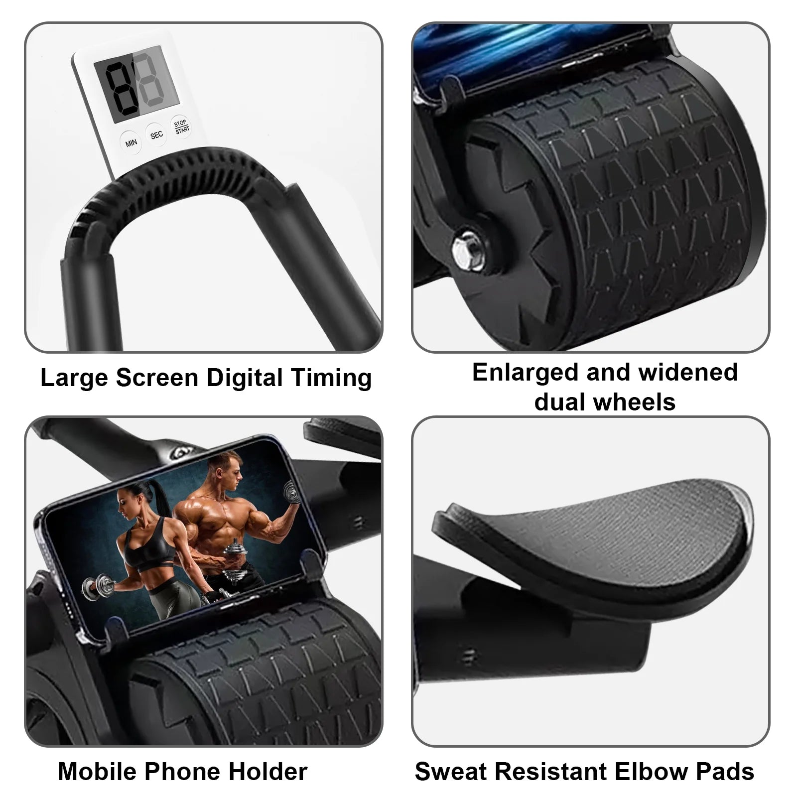2025 Automatic Rebound Abdominal Roller with Timer and Elbow Support - Core Fitness Equipment in Black