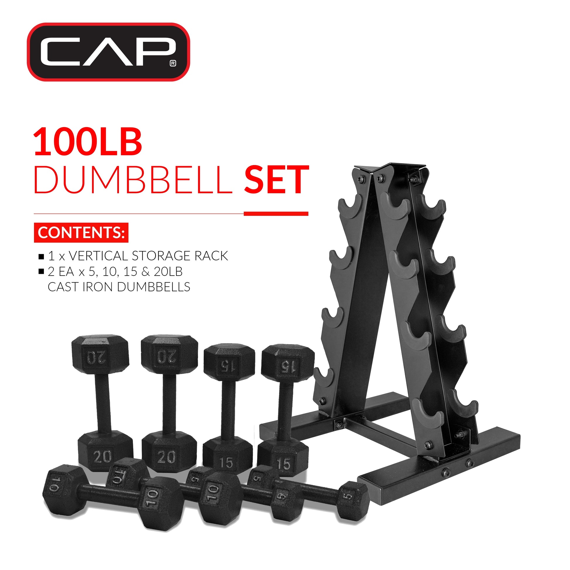 100 lb Cast Iron Hex Dumbbell Weight Set with Storage Rack in Black Finish