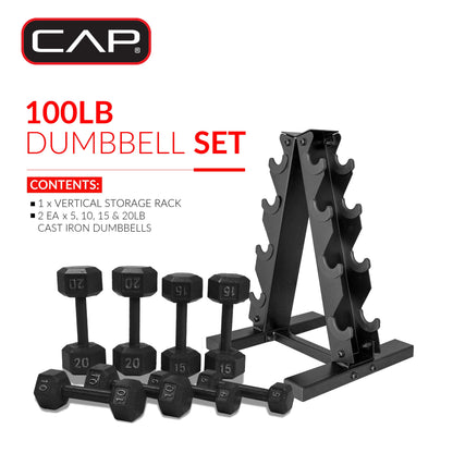 100 lb Cast Iron Hex Dumbbell Weight Set with Storage Rack in Black Finish