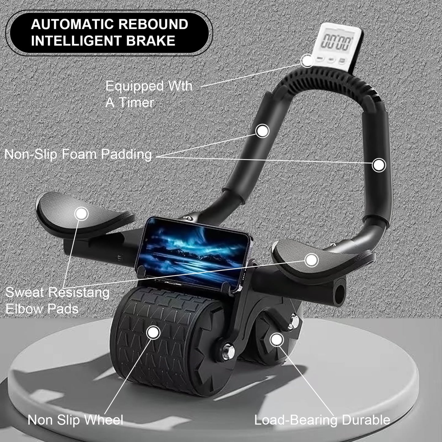 2025 Automatic Rebound Abdominal Roller with Timer and Elbow Support - Core Fitness Equipment in Black
