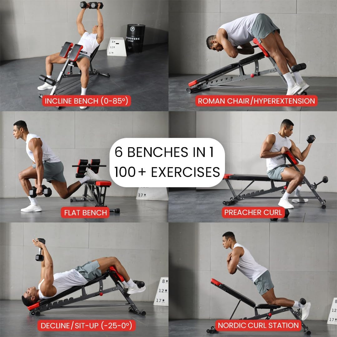 Finer Form Multi-Functional FID Weight Bench for Comprehensive Full-Body Workouts – Hyper Back Extension, Roman Chair, Adjustable Ab Sit-Up Bench, Incline/Decline Bench, Flat Bench