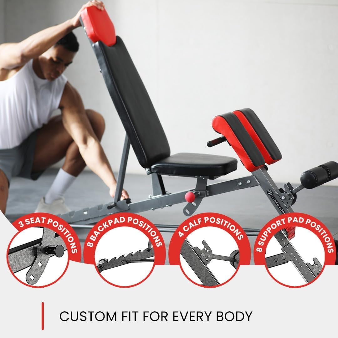 Finer Form Multi-Functional FID Weight Bench for Comprehensive Full-Body Workouts – Hyper Back Extension, Roman Chair, Adjustable Ab Sit-Up Bench, Incline/Decline Bench, Flat Bench