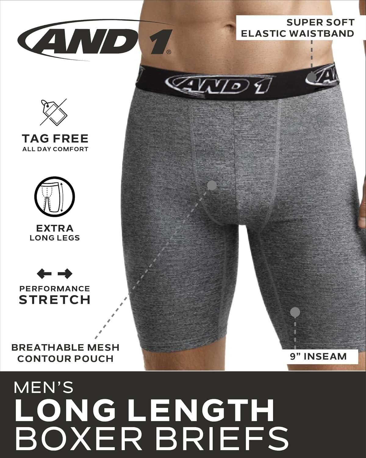 Men's Performance Stretch Boxer Briefs - 5-Pack Long Leg Underwear with Contour Support Pouch, 9" Inseam