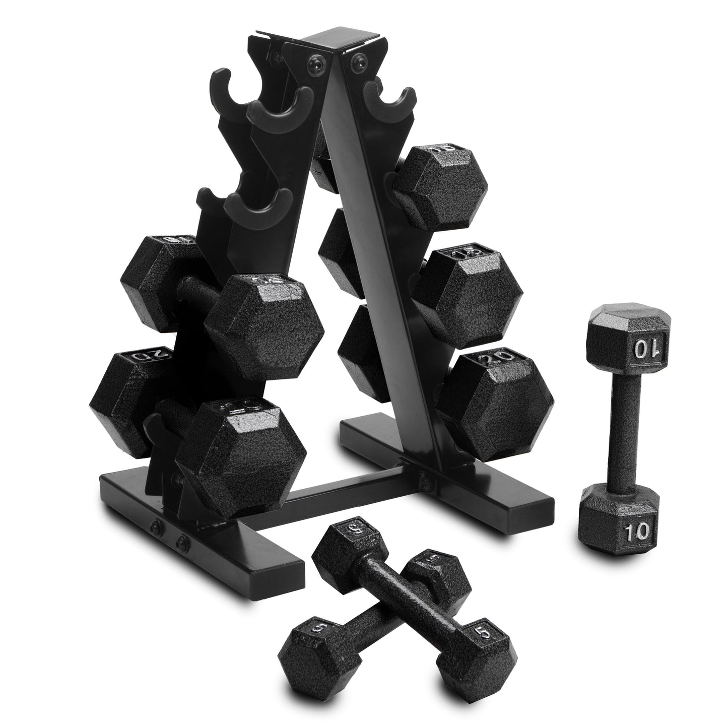 100 lb Cast Iron Hex Dumbbell Weight Set with Storage Rack in Black Finish