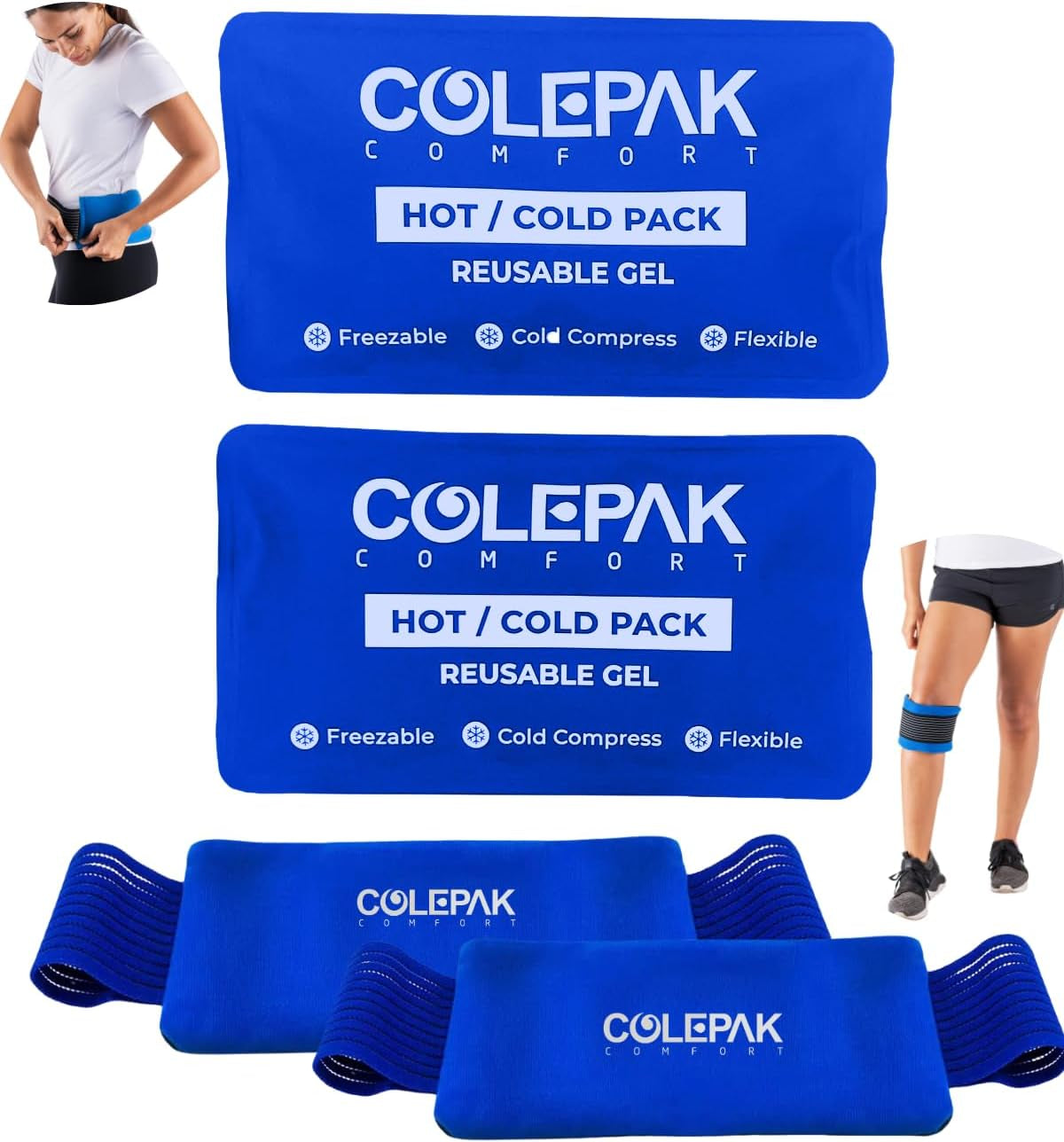 Reusable Hot and Cold Gel Ice Packs for Pain Relief and Swelling - 4 Piece Set for Joint and Muscle Soreness in Knees, Back, Shoulder, and Foot