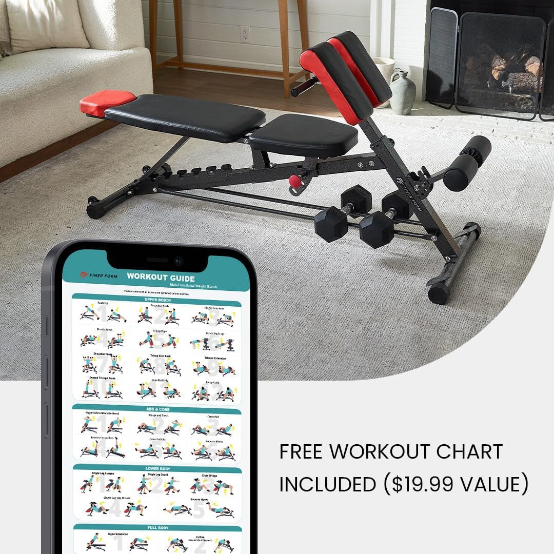 Finer Form Multi-Functional FID Weight Bench for Comprehensive Full-Body Workouts – Hyper Back Extension, Roman Chair, Adjustable Ab Sit-Up Bench, Incline/Decline Bench, Flat Bench