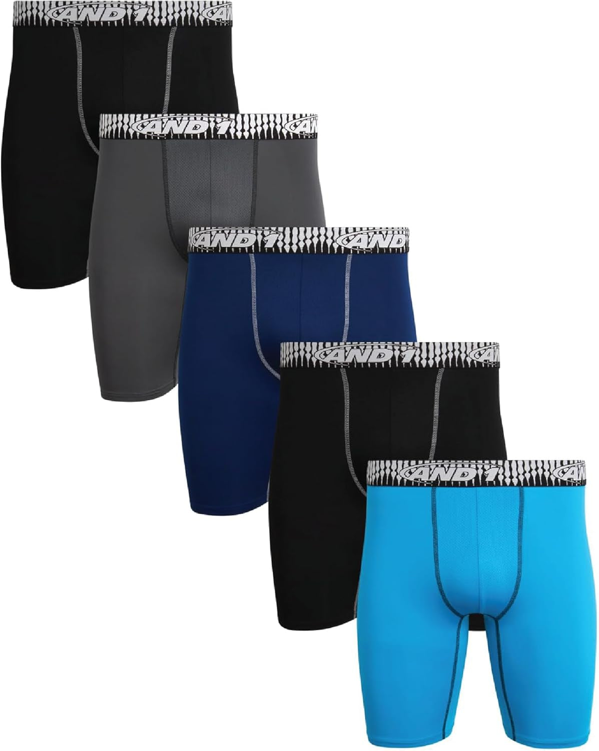 Men's Performance Stretch Boxer Briefs - 5-Pack Long Leg Underwear with Contour Support Pouch, 9" Inseam