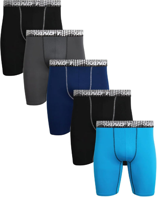 Men's Performance Stretch Boxer Briefs - 5-Pack Long Leg Underwear with Contour Support Pouch, 9" Inseam