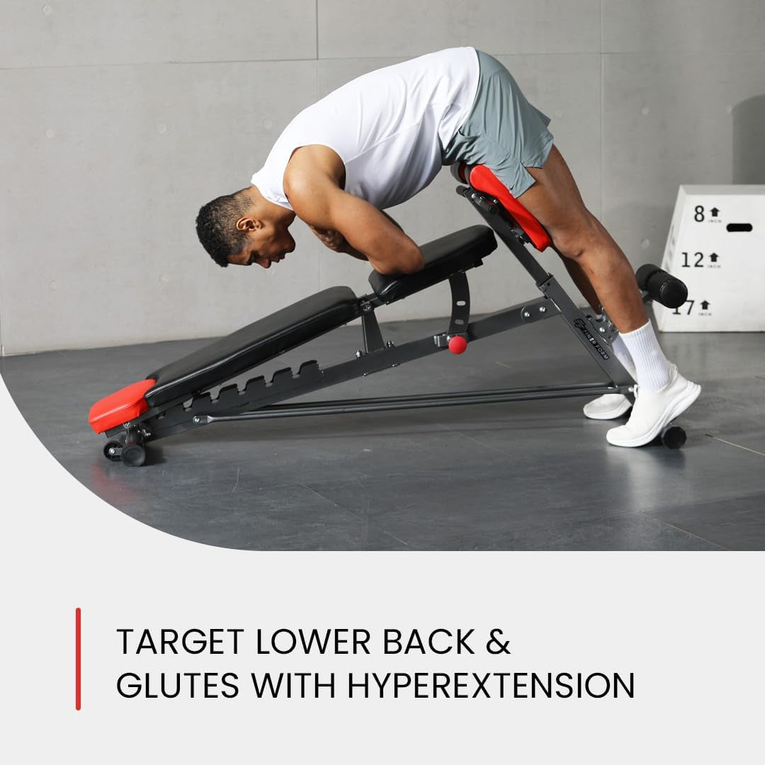 Finer Form Multi-Functional FID Weight Bench for Comprehensive Full-Body Workouts – Hyper Back Extension, Roman Chair, Adjustable Ab Sit-Up Bench, Incline/Decline Bench, Flat Bench