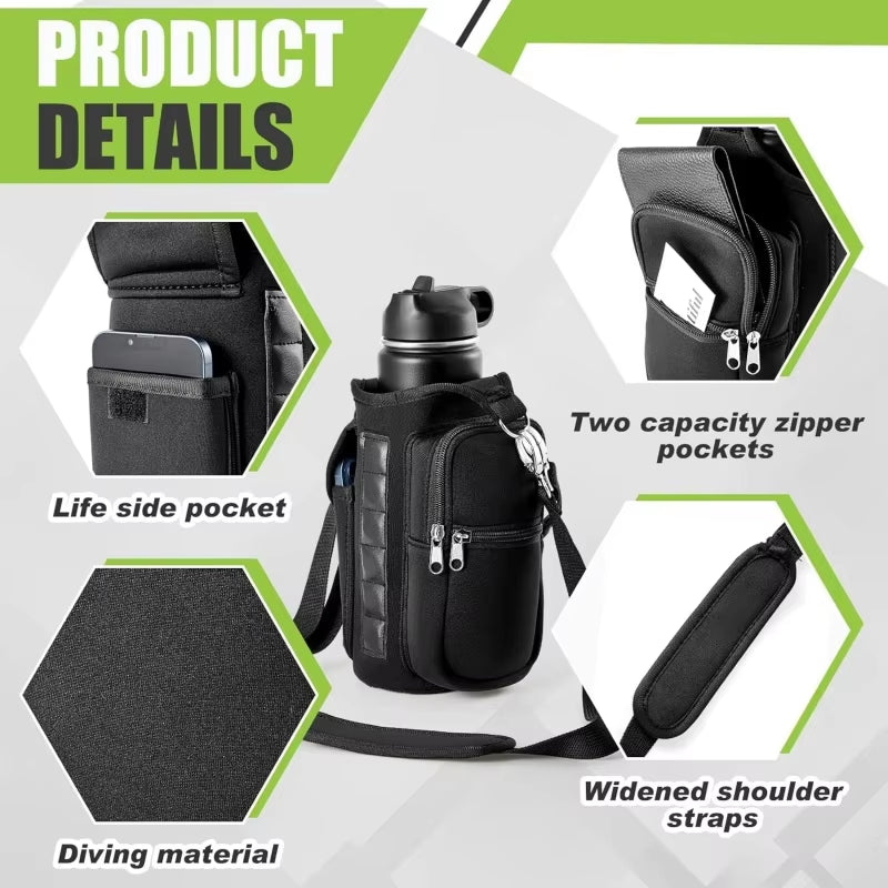 Magnetic Water Bottle Carrier with Phone Pocket and Adjustable Shoulder Strap - Equipped with 6 Integrated Magnets